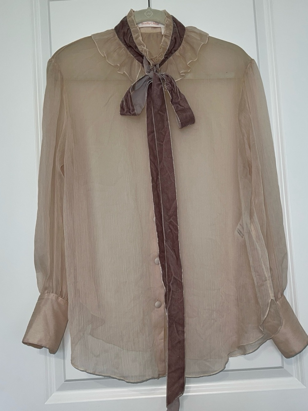 See by Chloe Sheer Beige Tie-Neck Blouse 36 fit M/L see measurements